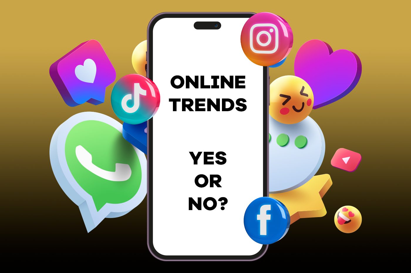 A mobile phone template with different social media icons around it. The text on the mobile screen says "Online Trends: Yes or No?