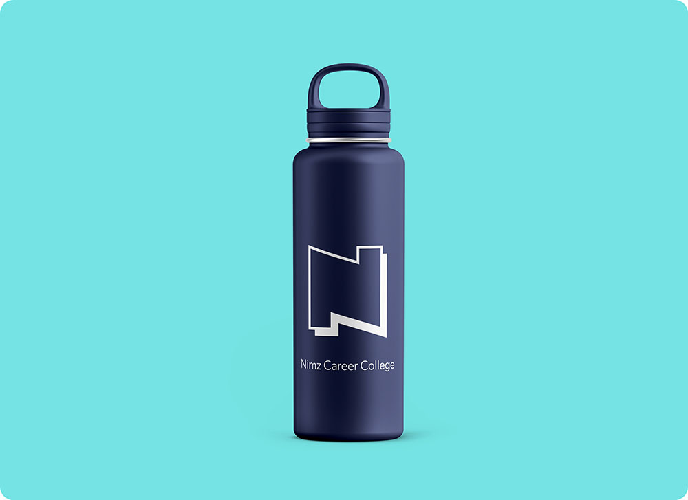 a blue water bottle with a white logo on it