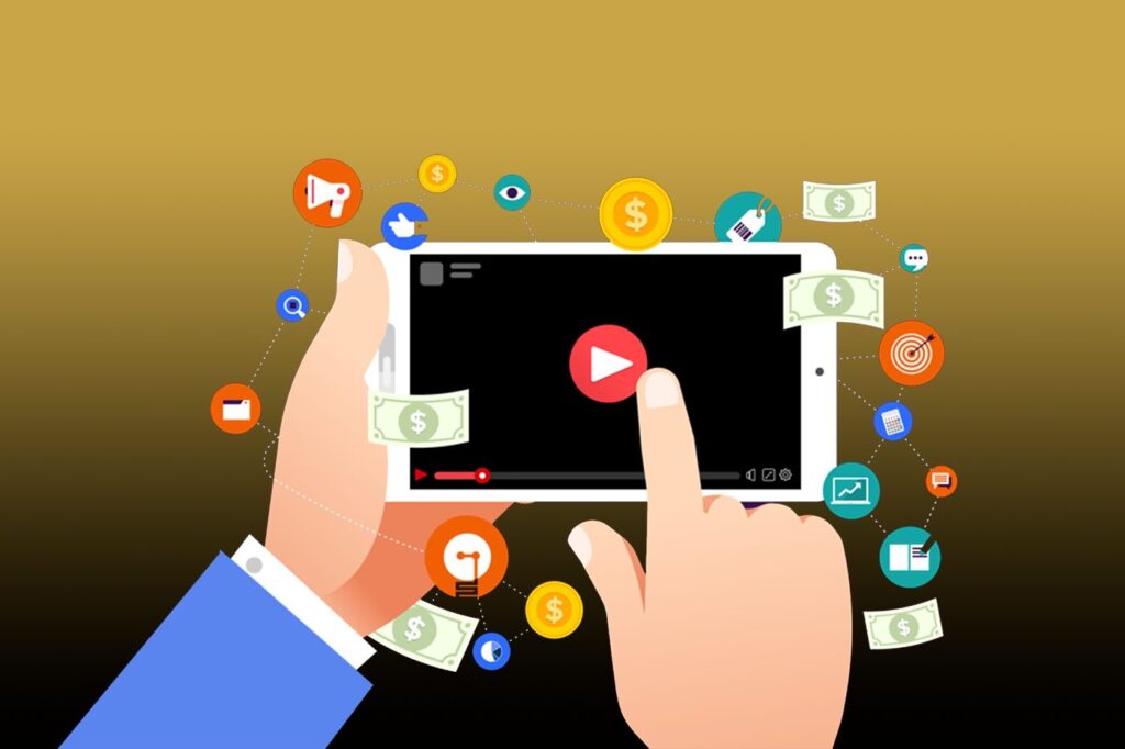 A finger clicking the play button on a phone screen while there are icons such as dollar currency bills and coins, speakerphones, graphs and Facebook likes surrounding it.