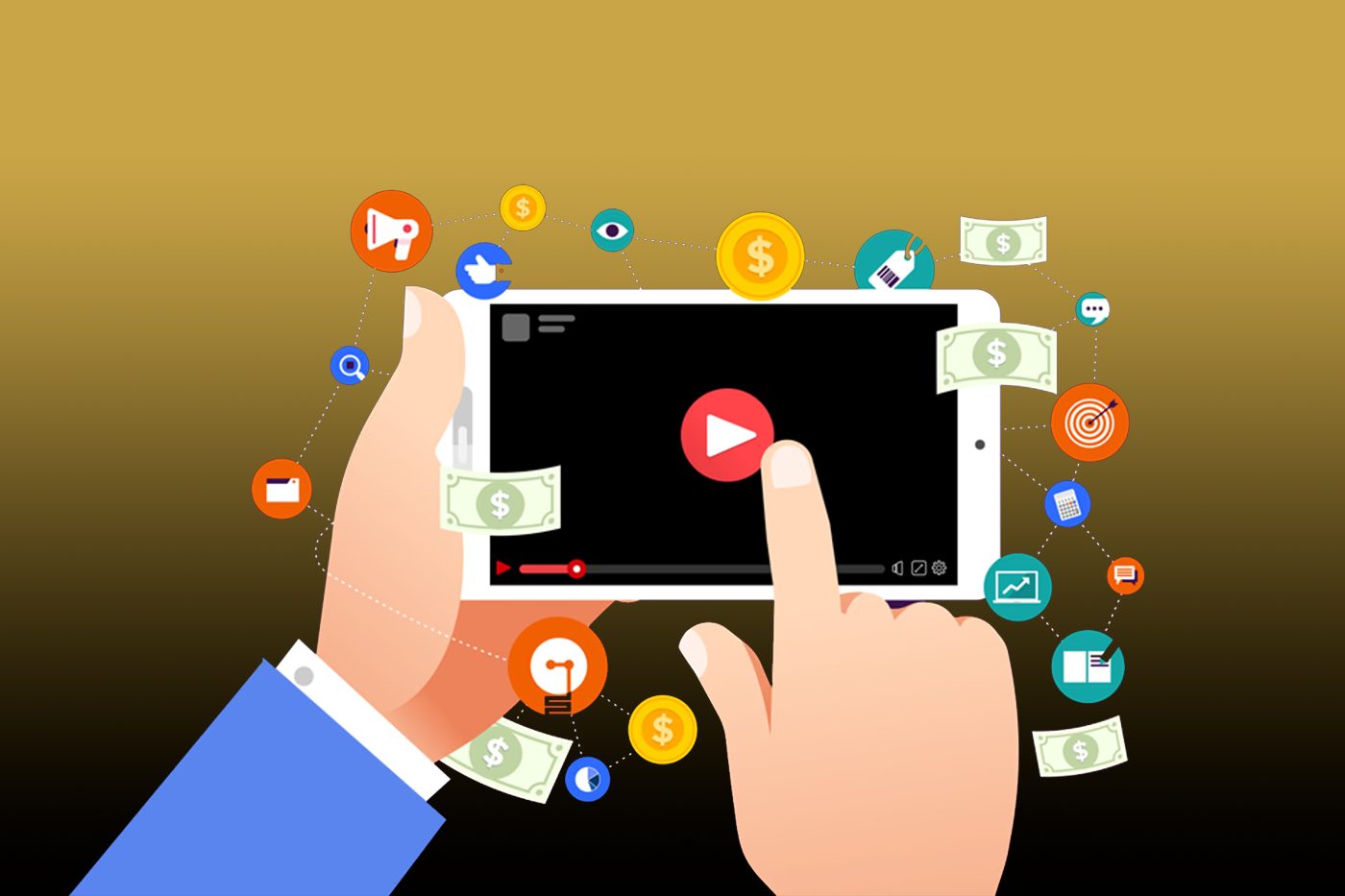 A finger clicking the play button on a phone screen while there are icons such as dollar currency bills and coins, speakerphones, graphs and Facebook likes surrounding it.