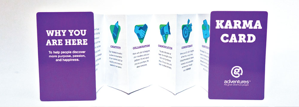 a group of white folding paper with blue and green icons