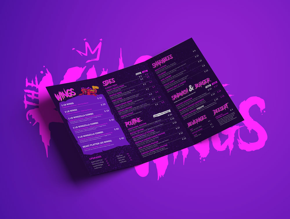a purple and pink menu