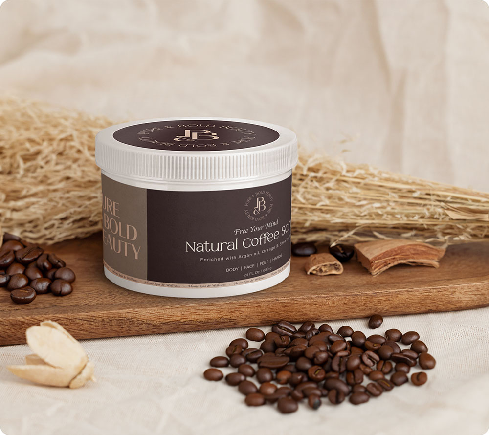 a jar of coffee scrub on a wood surface