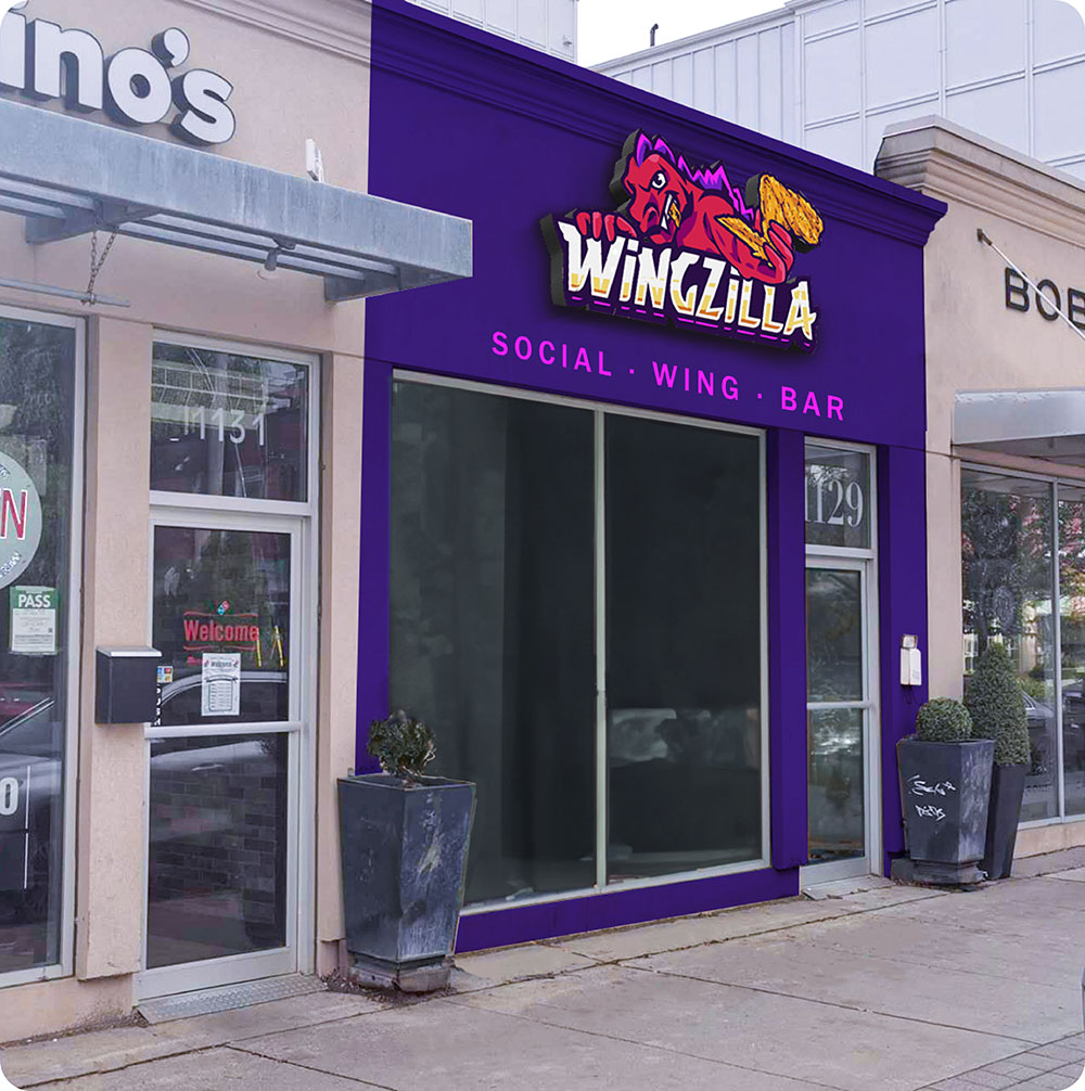 a store front with purple sign
