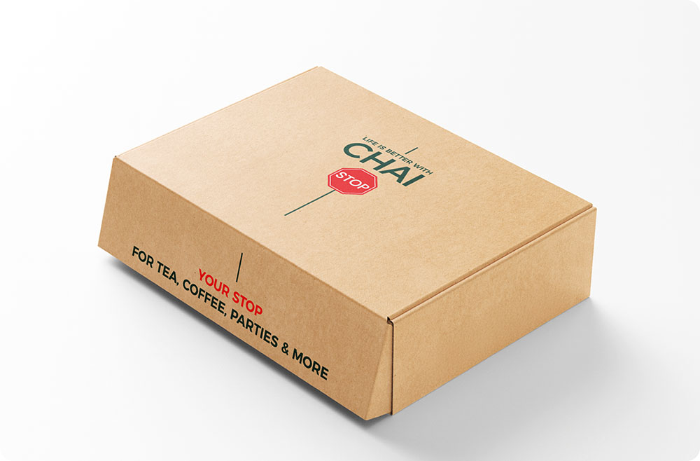 a brown box with a red and green logo
