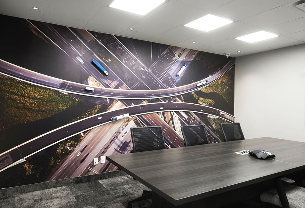 a table with a picture of a road on it