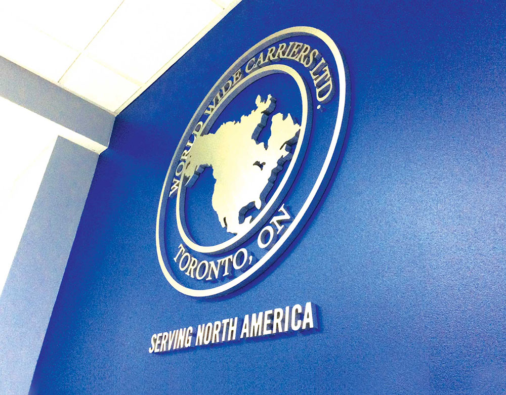 a blue wall with a logo